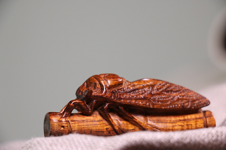 善信缘海南黄花梨一鸣惊人蝉知足竹子手把件办公家居挂件把件摆件