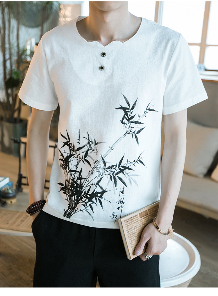 一件代发2018夏季中国风大 码男士短袖t恤潮男棉麻印花t恤衫
