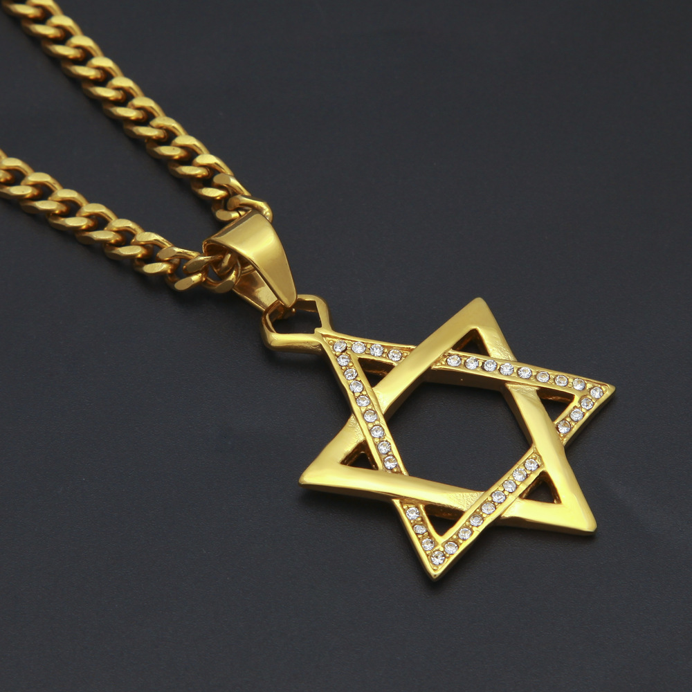 嘻哈摇滚男士饰品金色大卫之星镶钻镀金不锈钢吊坠