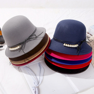 韩版时尚毛呢礼帽秋冬珍珠蝴蝶结盆帽户外防晒加厚遮阳帽子批发