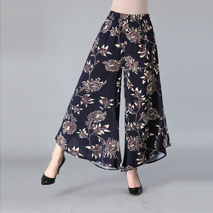 中老年妈妈装女裤妈妈棉麻阔腿裤裙裤女夏民族风女装花裤大脚裤女