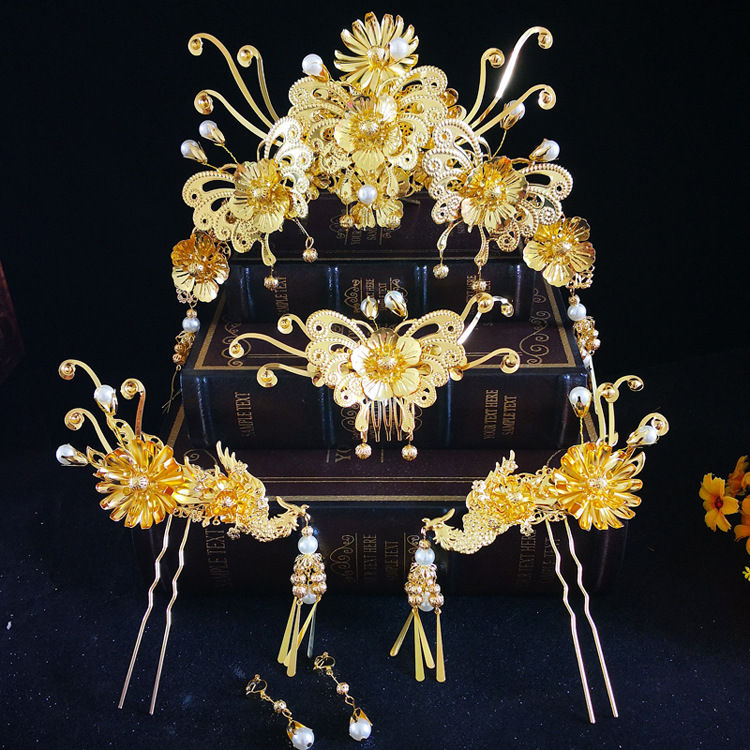 新娘中式古装孔雀凤冠秀禾服头饰金色流苏主冠婚礼造型发饰品结婚