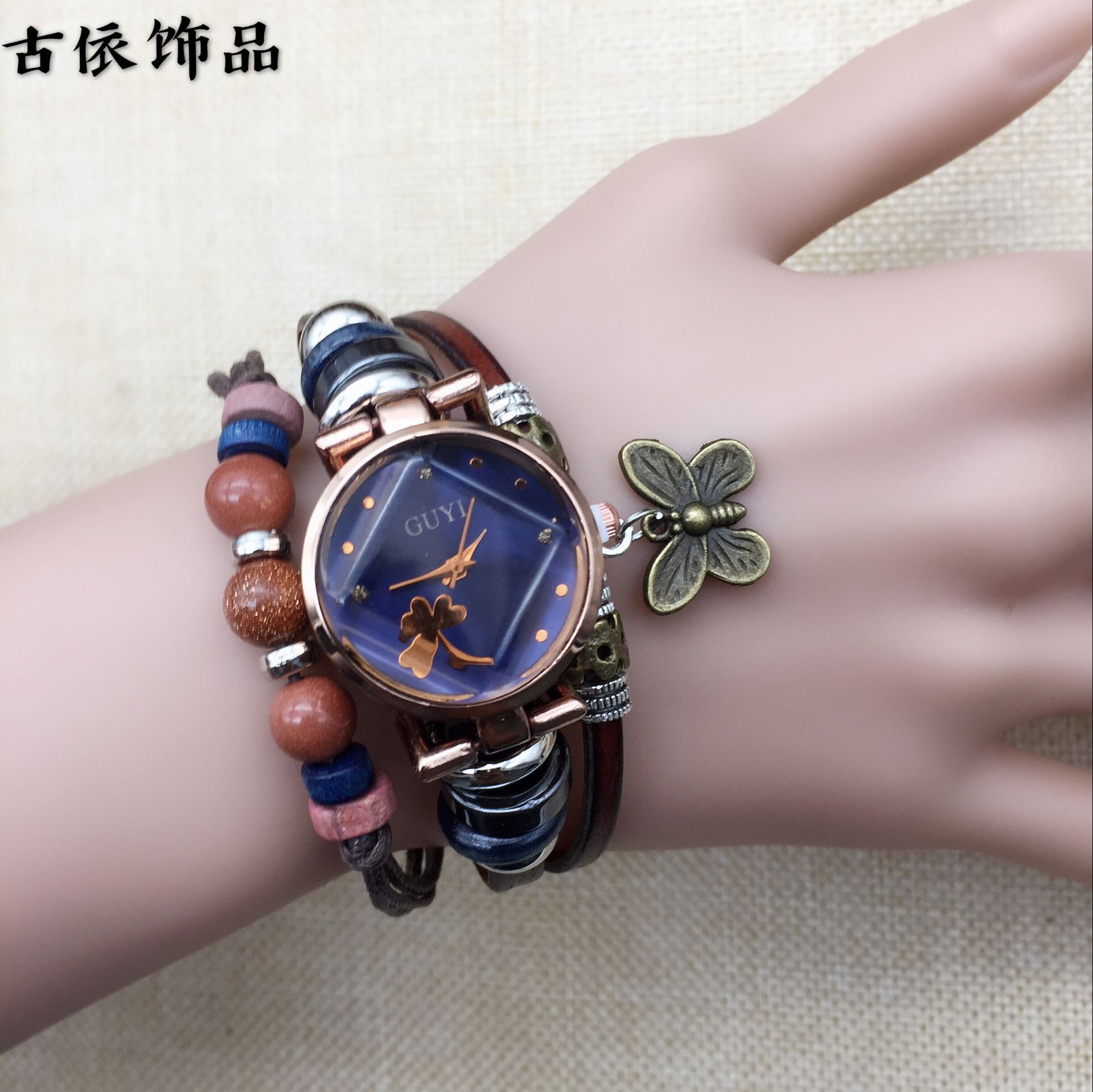 蝴蝶复古石英表蓝色字面四叶草女士小手表玫瑰金表壳纯手工腕表带
