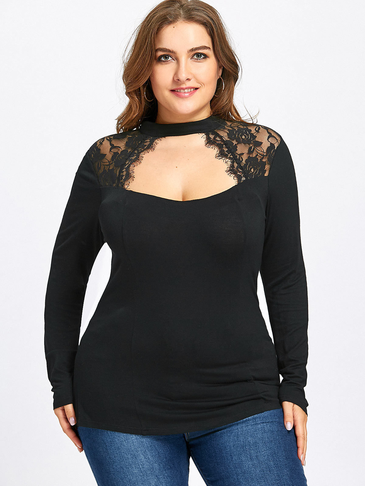 速卖通 欧美宽松休闲蕾丝露胸长袖纯色加大加肥上衣t恤