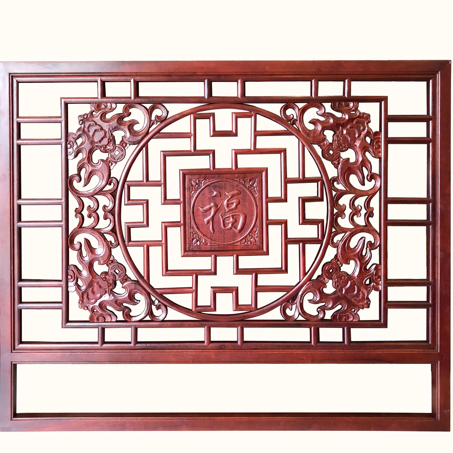 厂家供应中式屏风纯实木花窗 五福特色隔断花格 木雕刻屏风制定