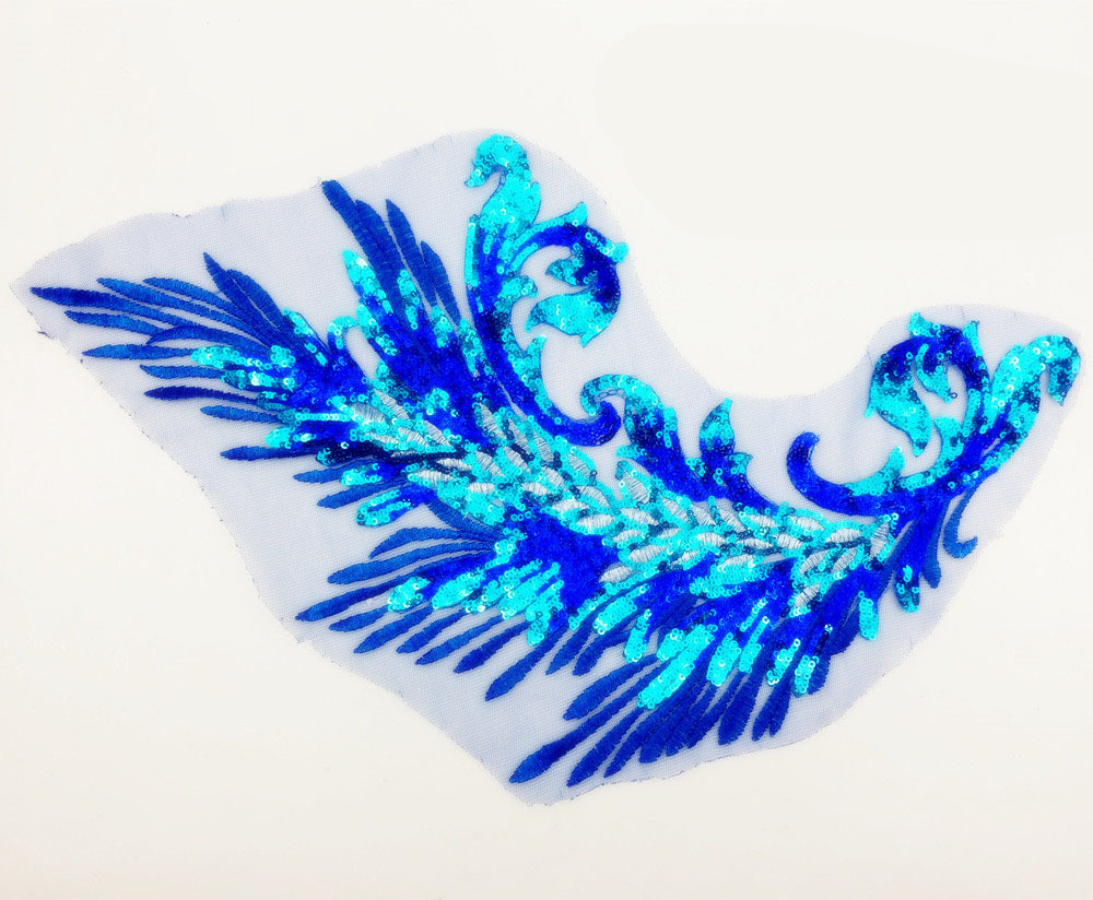 蓝亮片刺绣凤凰孔雀羽毛凤尾凤羽花纹布贴无胶diy手工 服装辅料