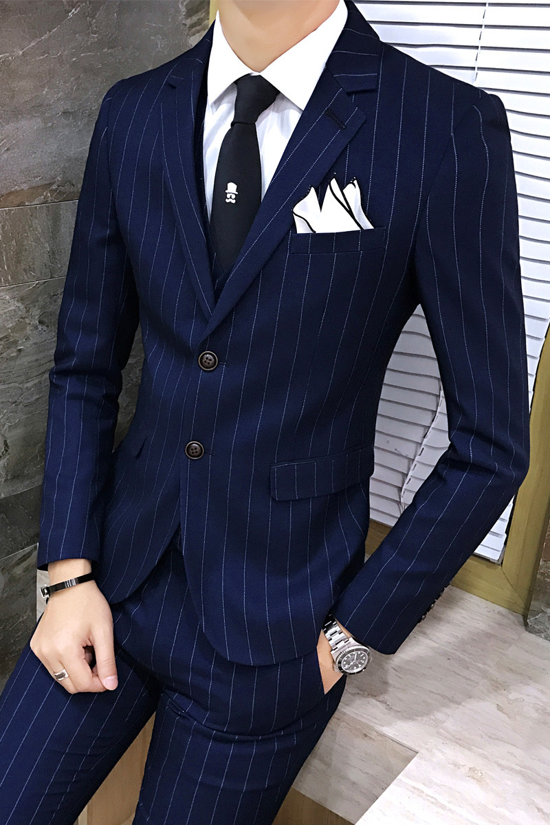 2019时尚潮流新款男士北模西服套装男条纹韩版西装三件套西装男