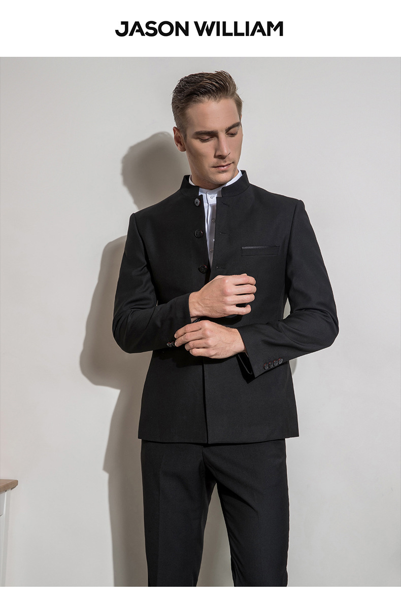 中山装男青年西装修身复古中国风潮流立领男士帅气西服套装两件套