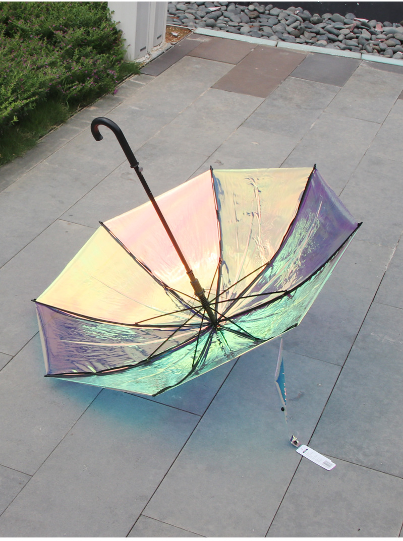 环保pvc炫彩透明反光雨伞定制长柄伞创意个性七彩镭射彩红变色伞