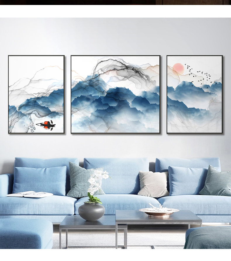 水墨靠山客厅装饰画风水新中式招财山水沙发背景中国风三联画墙画