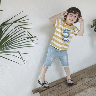 童装原创2018夏季新品小童韩版条纹t恤纯棉男童短袖上衣
