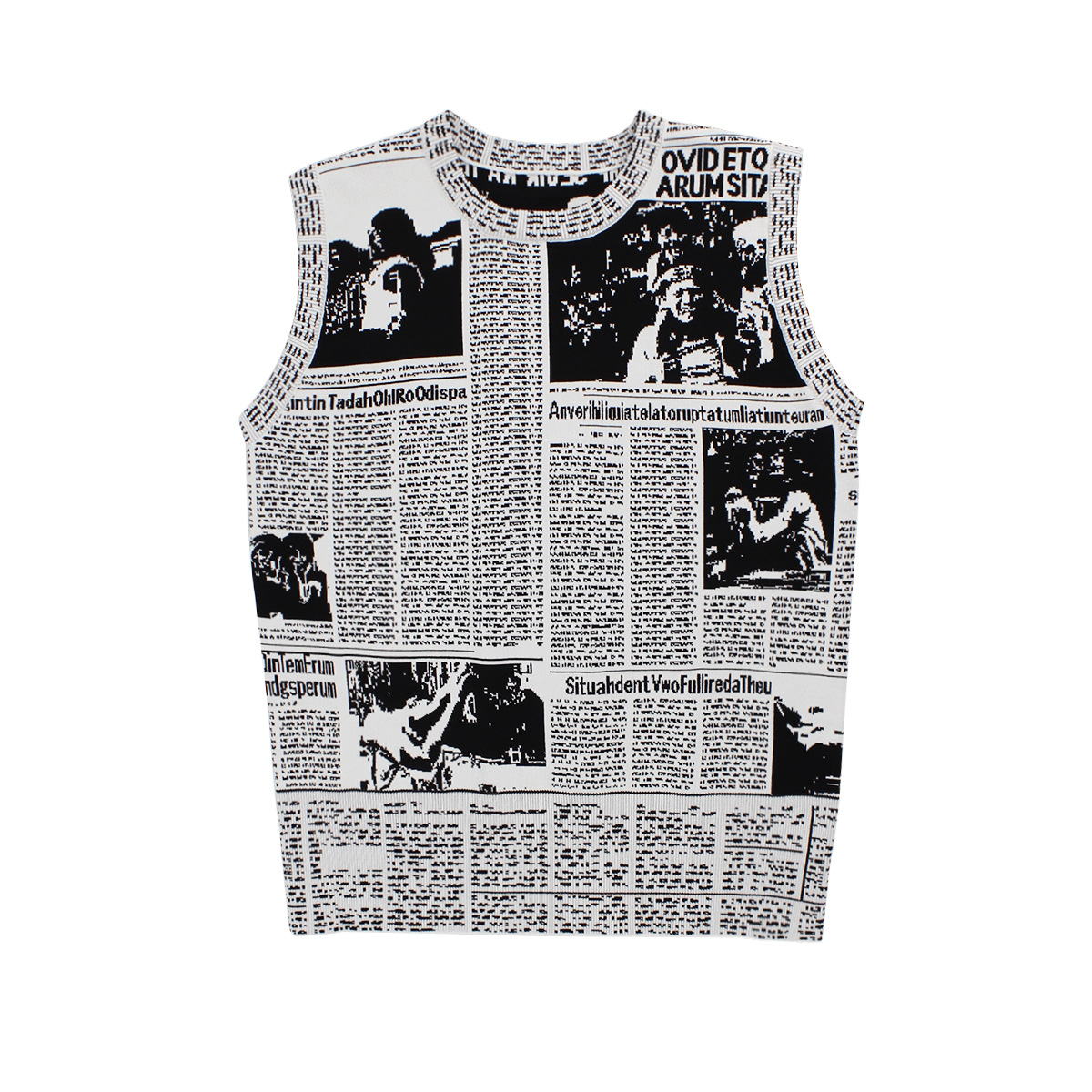 复古女装2018夏新款圆领无袖字母报纸印花针织背心上衣修身潮