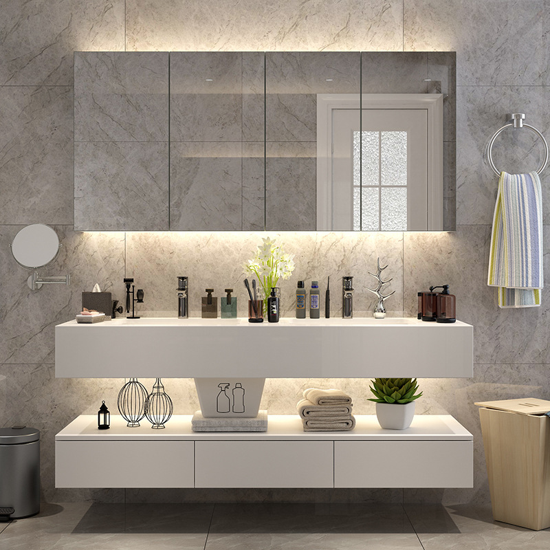 北欧双盆浴室柜组合大理石洗漱台吊柜简约现代橡木卫浴洗脸盆镜柜