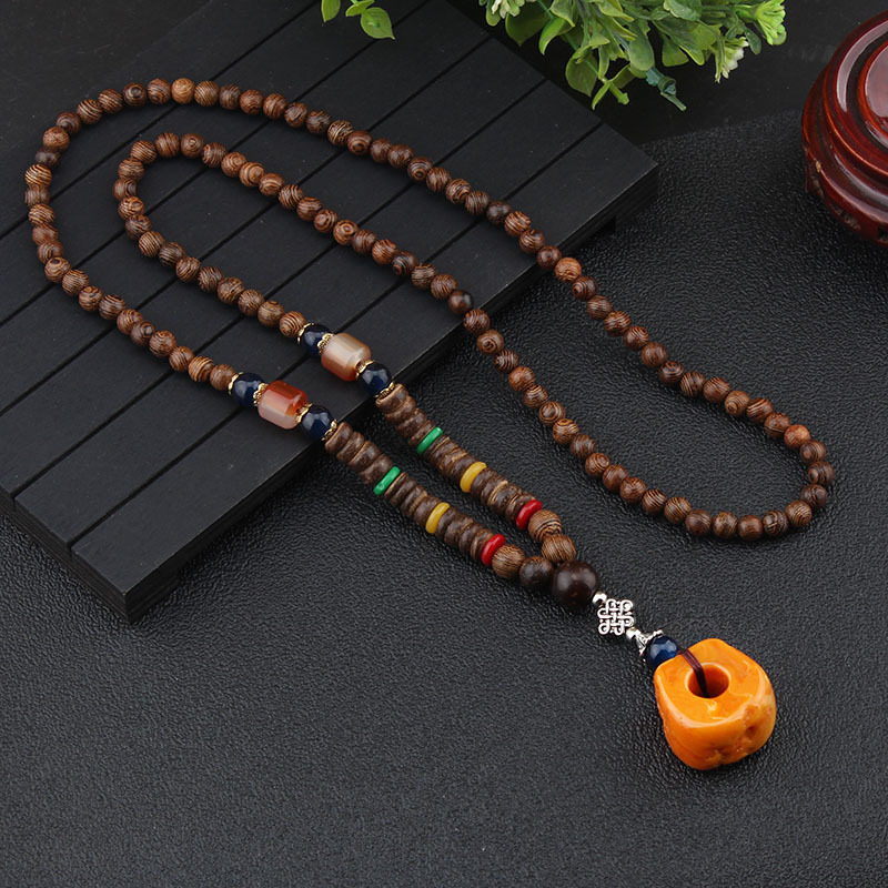 Retro Easy Matching Casual Ethnic Style Wooden Necklace Long Sweater Chain Women's Accessories Cotton and Linen Pendant Men's Agate Pendant