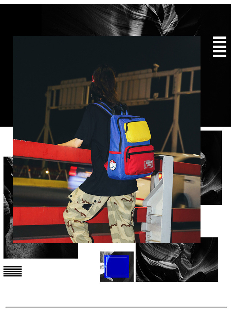 d-598menghuo新款港风多兜大容量撞色双肩包学生旅行时尚背包