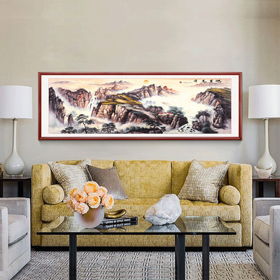 美画装饰中式客厅装饰画沙发背景墙风水靠山山水画挂画实木壁画简