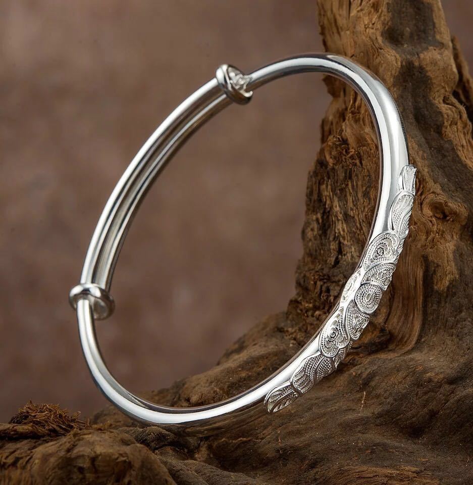 手镯女花丝 纯银首饰银镯子女款简约时尚999银首饰送妈妈女友礼物