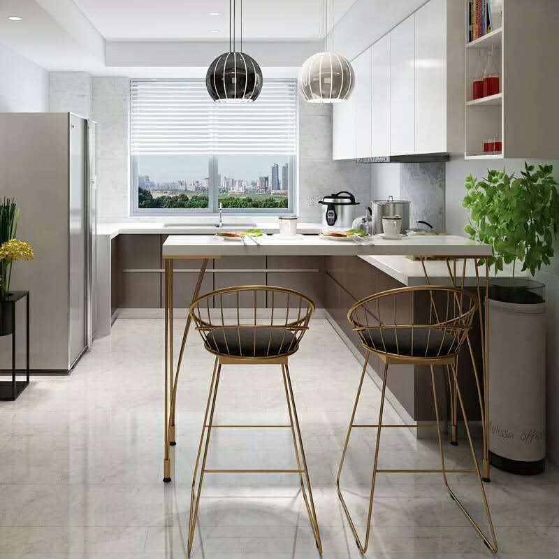 北欧简约奶茶饮品店吧台桌 餐厅咖啡厅创意金色铁艺靠墙高脚桌椅