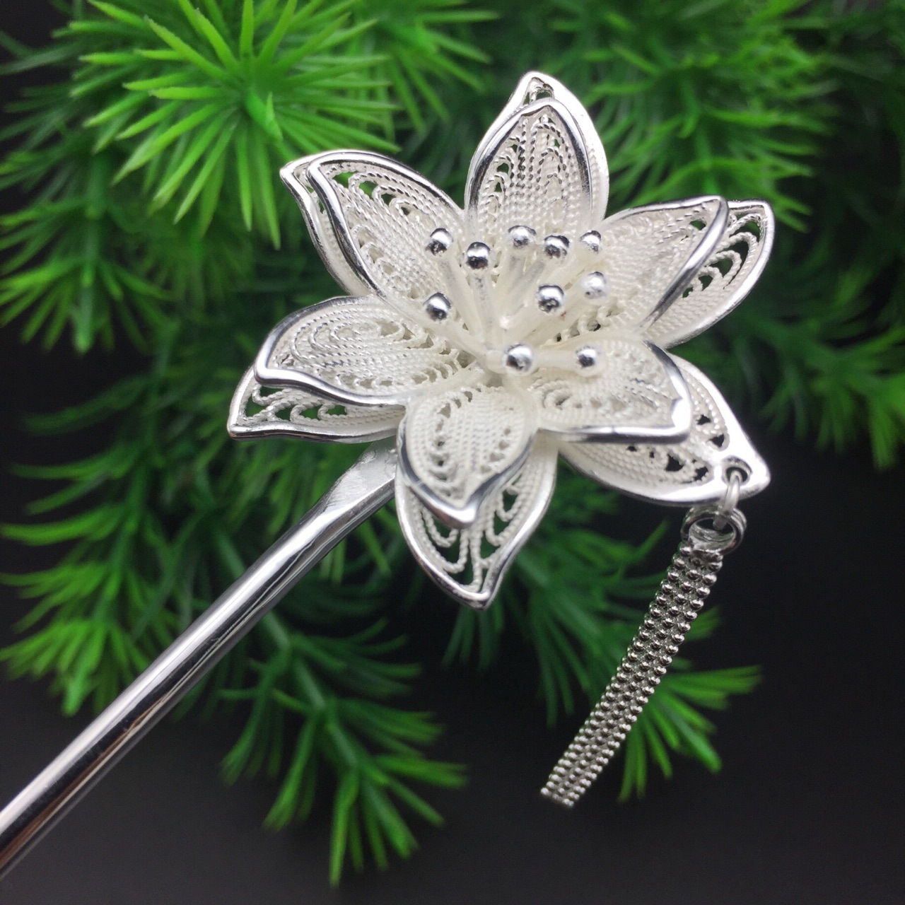 990足银发簪纯银簪子头饰银饰品 流苏盘发花朵 民族风