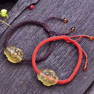 精编天然黄水晶三脚情侣款金蟾红绳手链手串可调节纯手工绳手链