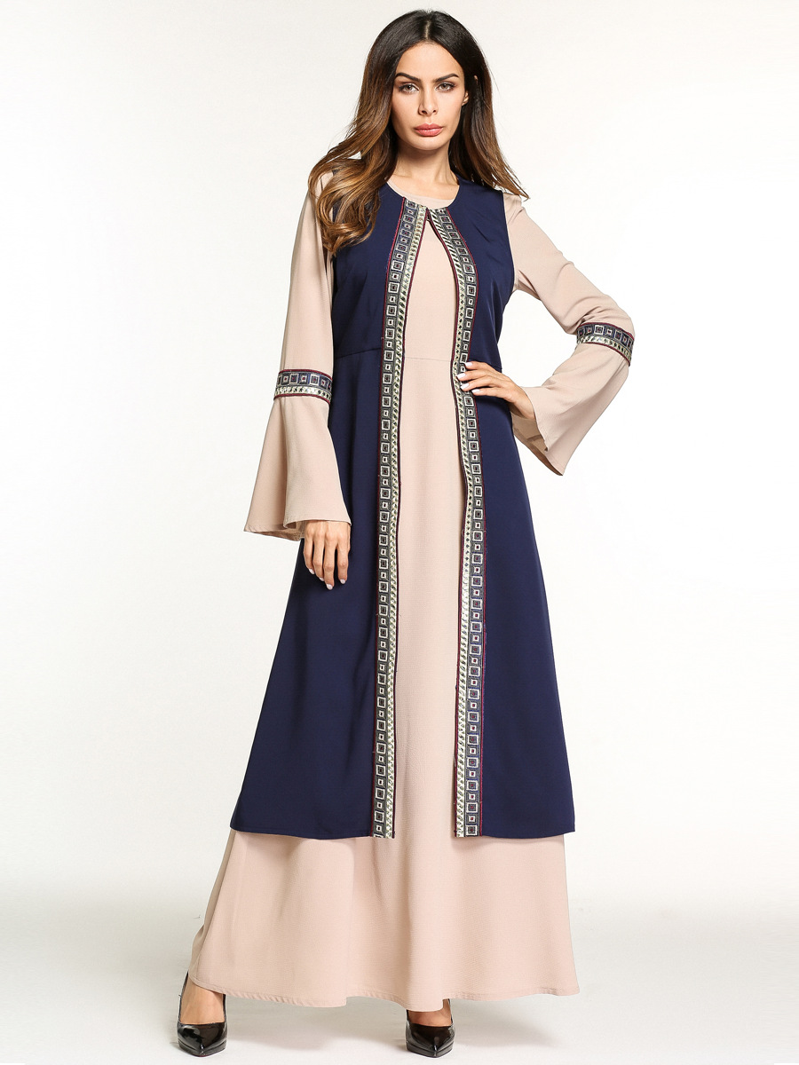 5784速卖通亚马逊欧美大码女装圆领连衣裙雪纺拼接轻礼服中东长袍