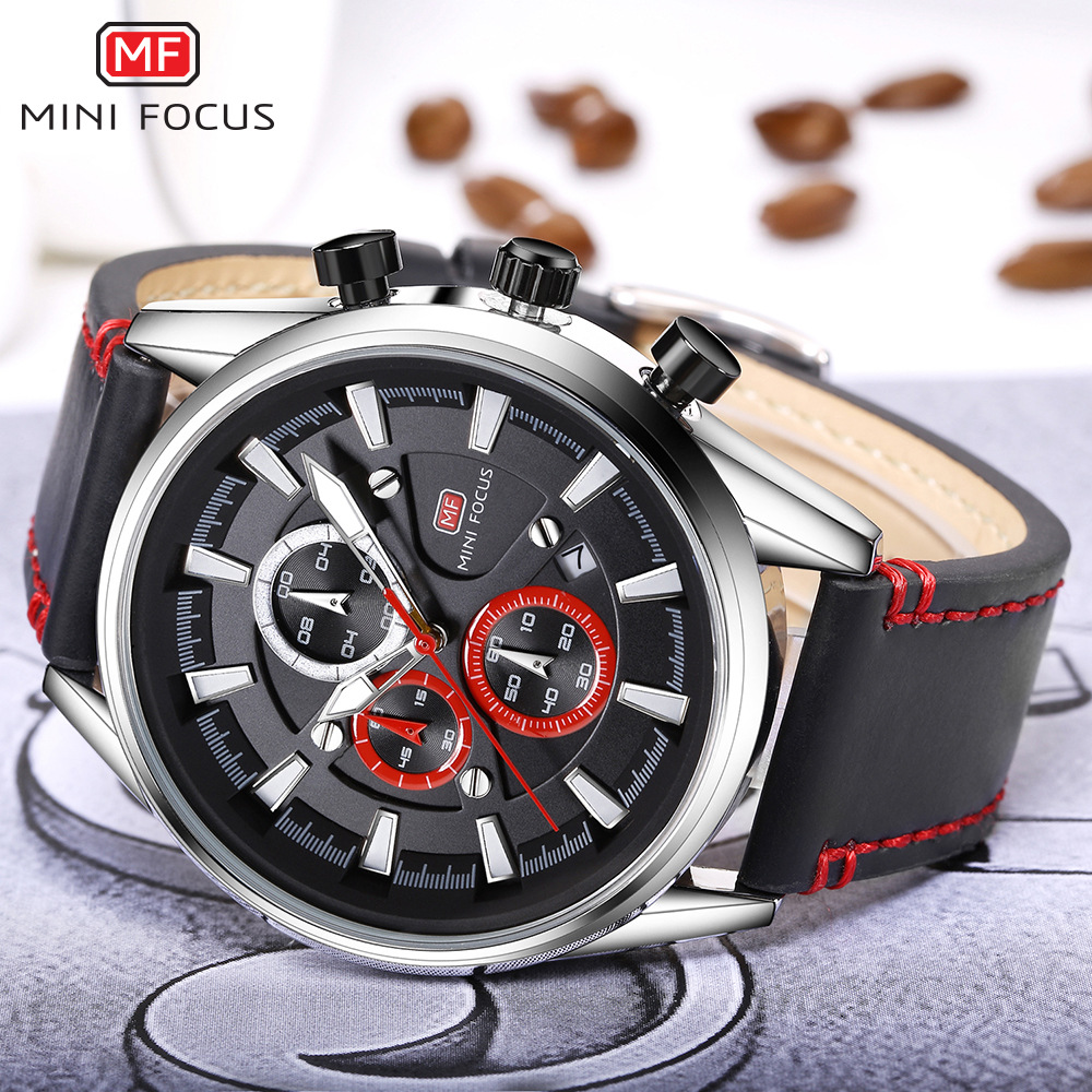 minifocus福克斯 mf0083g 男士石英表 皮带日期三眼水夜光手表