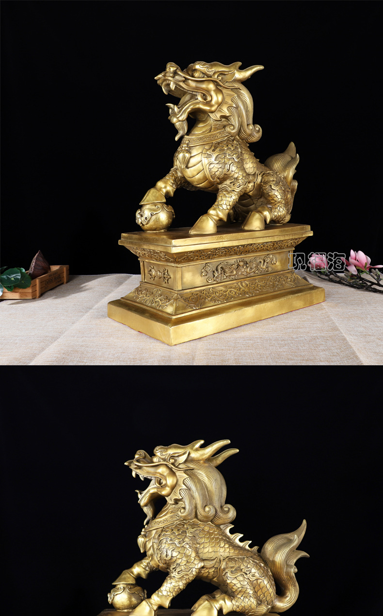一件起批 纯铜麒麟摆件一对 大号黄铜元宝财福麒麟家居装饰品摆设