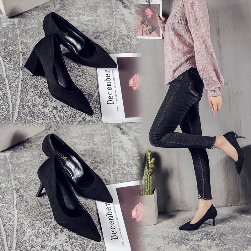 办公室女鞋2020秋季新款正装工作鞋皮面绒面两款黑色尖头高跟鞋批