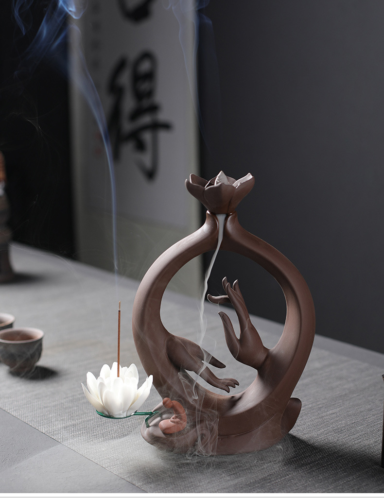 紫砂陶瓷倒流香炉创意摆件 佛手莲花无相小和尚熏香炉 仿古线香插