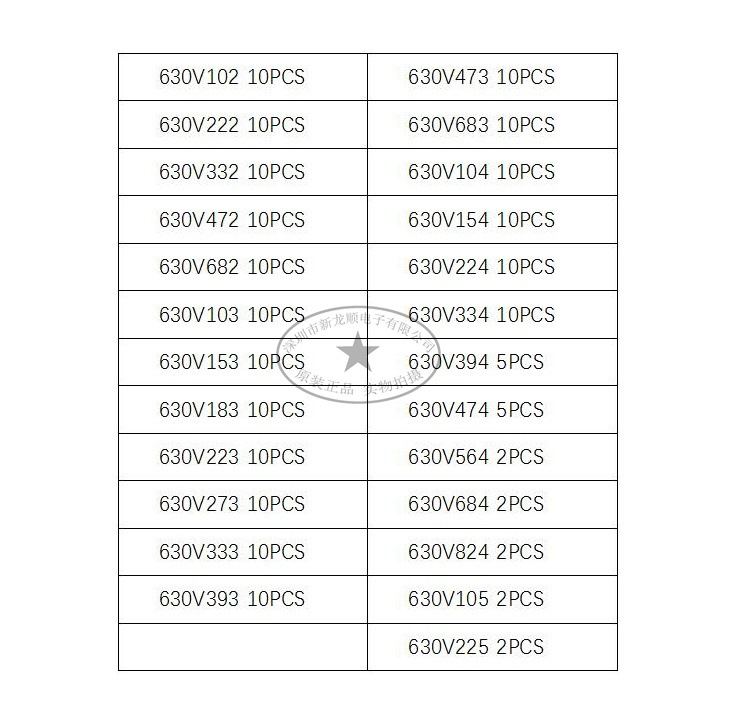 cbb电容25种630v 102 153 473104 334 684 225 200只电容器样品包
