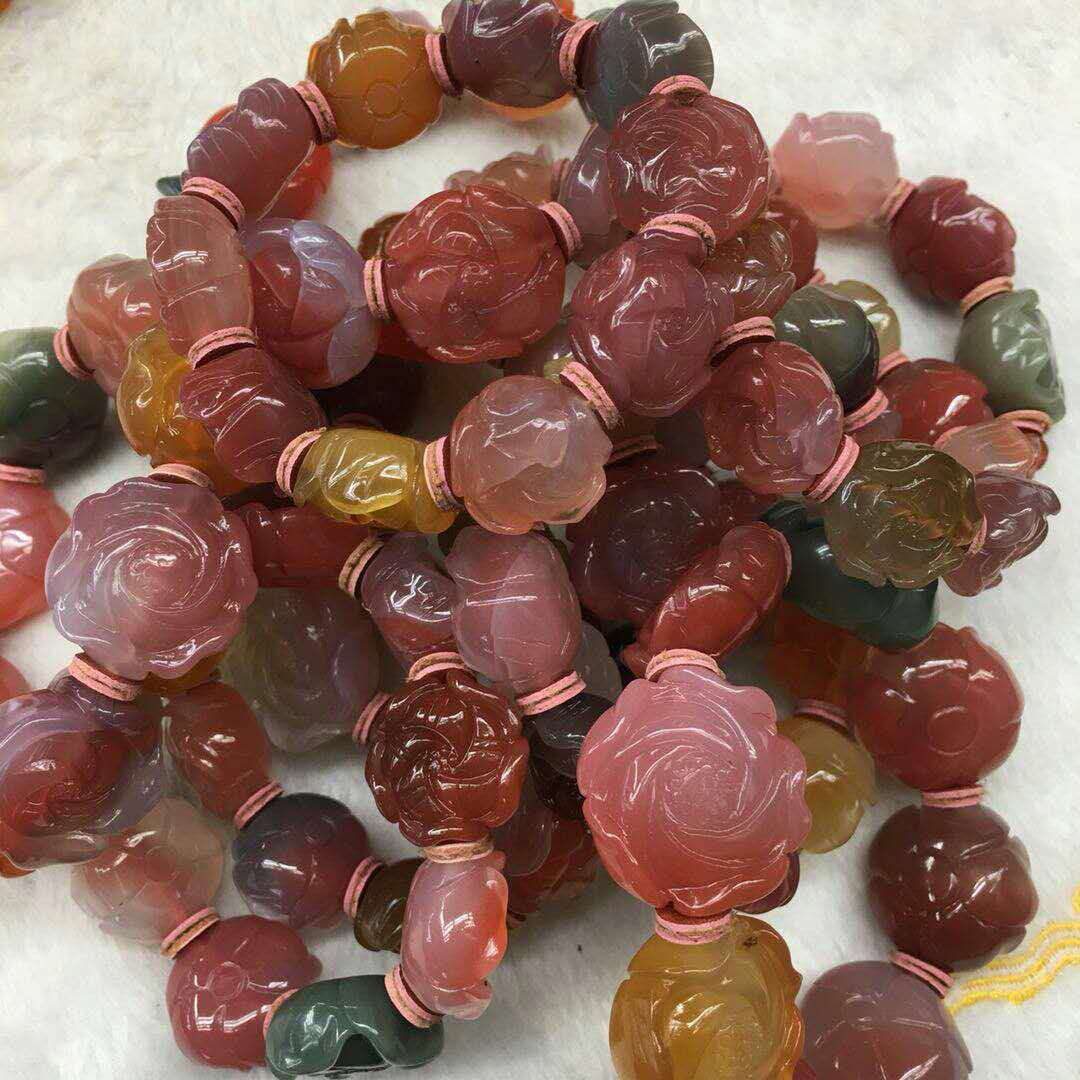 天然七彩盐源玛瑙牡丹花雕刻件多彩多色手工精致如图实拍厂家直销