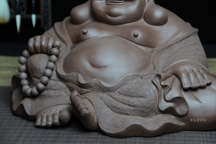 宜兴名家精品弥勒佛纯全手工紫砂茶宠摆件沈卫国大号人物雕塑禅意