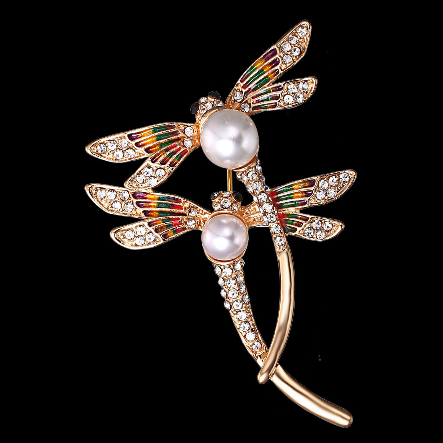 欧美新款时尚高档合金珍珠水钻胸针个性唯美爱恋滴油彩绘蜻蜓胸花