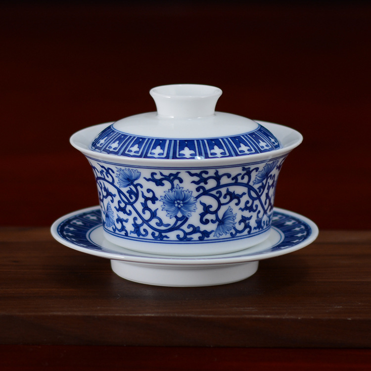 青花瓷大号茶碗盖碗景德镇陶瓷茶具青花茶具缠枝花厂家直销定制批