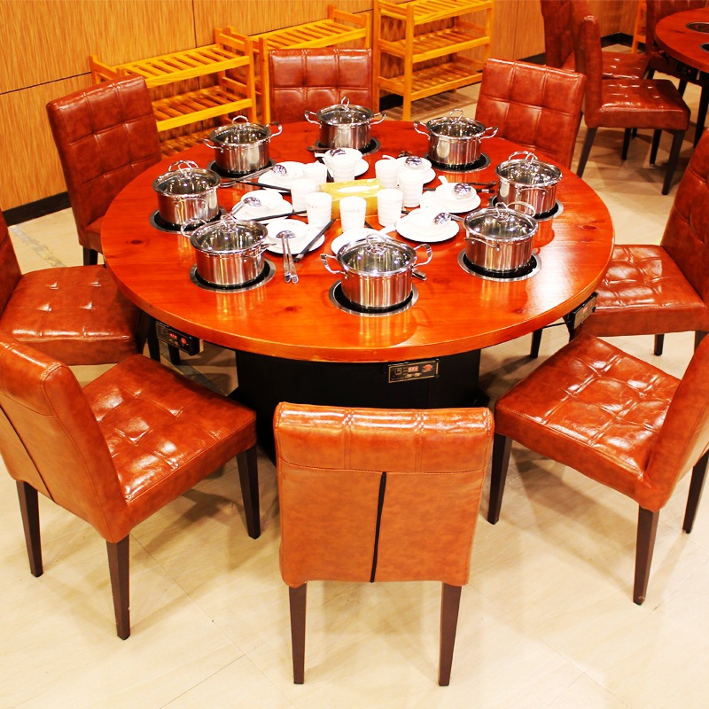 餐桌椅沙发组合式火锅店家具-圆形八人位电磁炉火锅桌-深圳家具厂