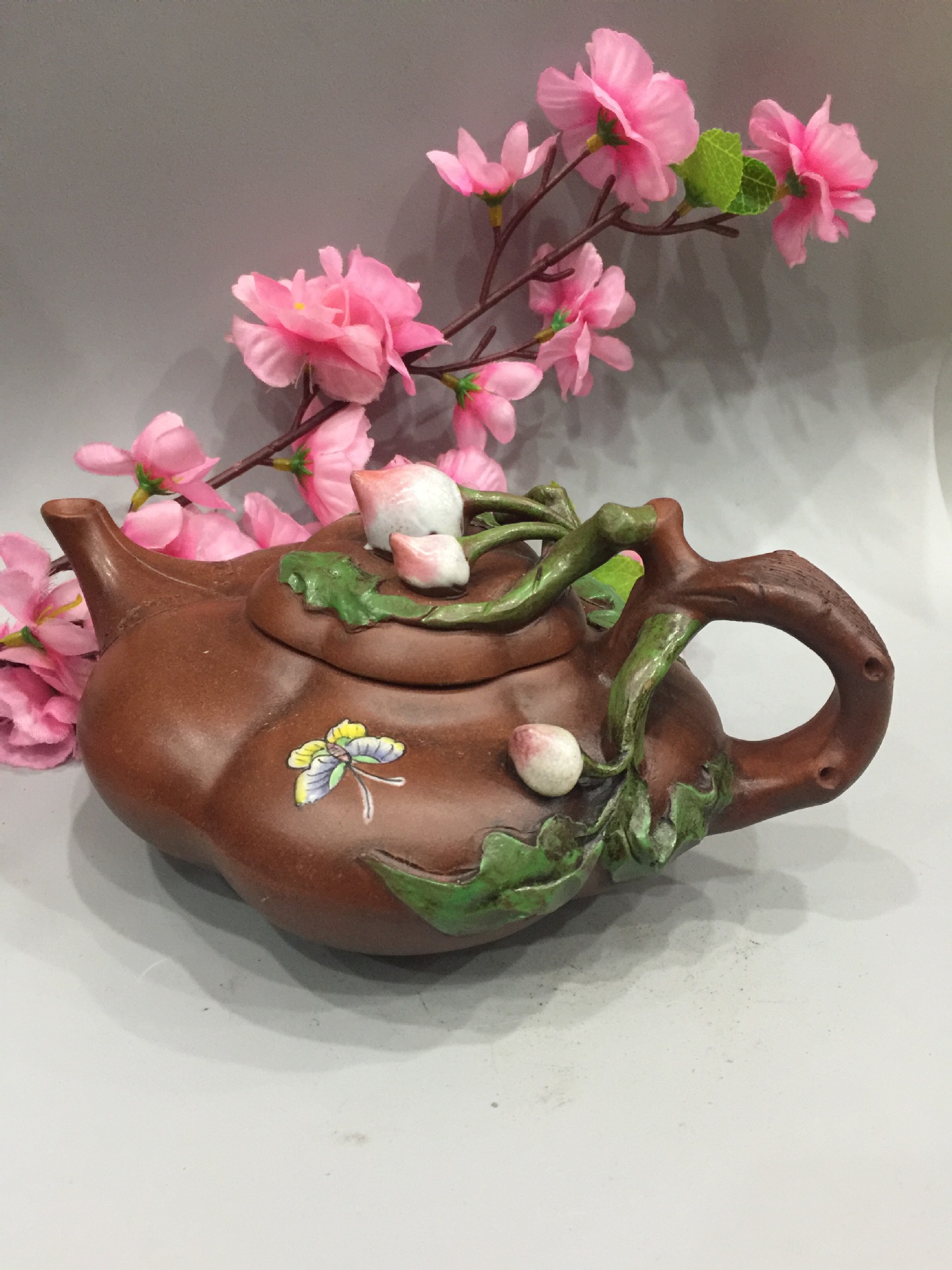 宜兴回流紫砂壶名家蒋蓉早期手工作品粉彩寿桃壶功夫茶具