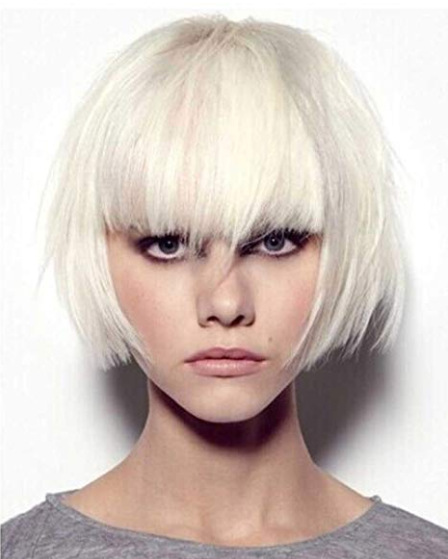 化纤发假发外贸欧美白人女士短发帅气逼真蓬松齐刘海短直发米白色