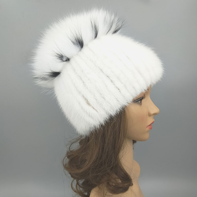 新款女士水貂毛帽子狐狸帽加厚毛线保暖手工时尚针织包头皮草帽子