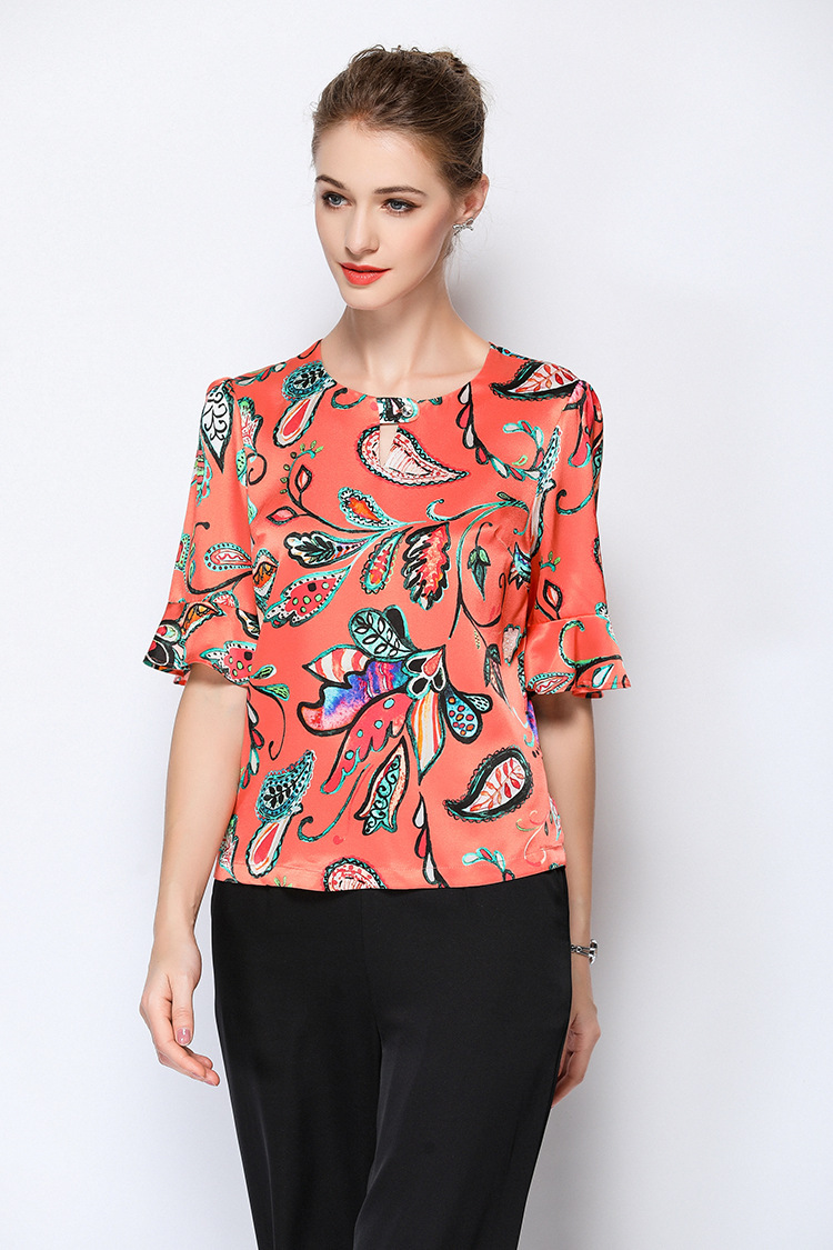 重磅真丝衬衫女夏中袖缎面气质淑女印花丝绸衬衣喇叭袖桑蚕丝上衣