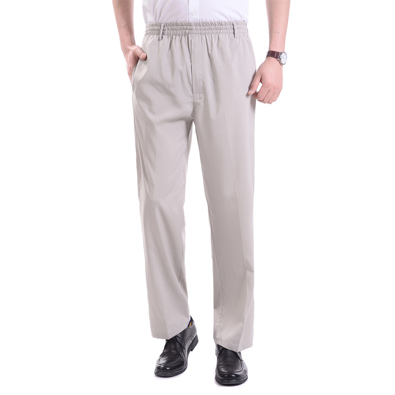 Men's Summer Thin Ice Silk Casual Pants High Waist Pants Middle-Aged and Elderly Elastic Waist Dad Non-Ironing Straight Men's Pants