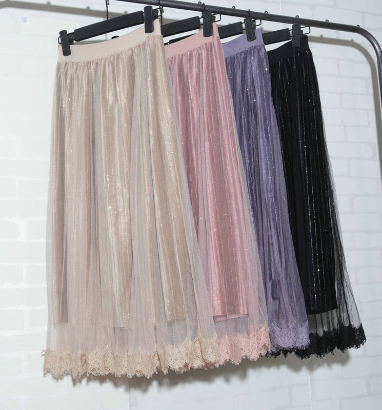 韩版高腰百褶半身裙女网纱蕾丝边拼接钻石绒丝绒中长大摆裙8679