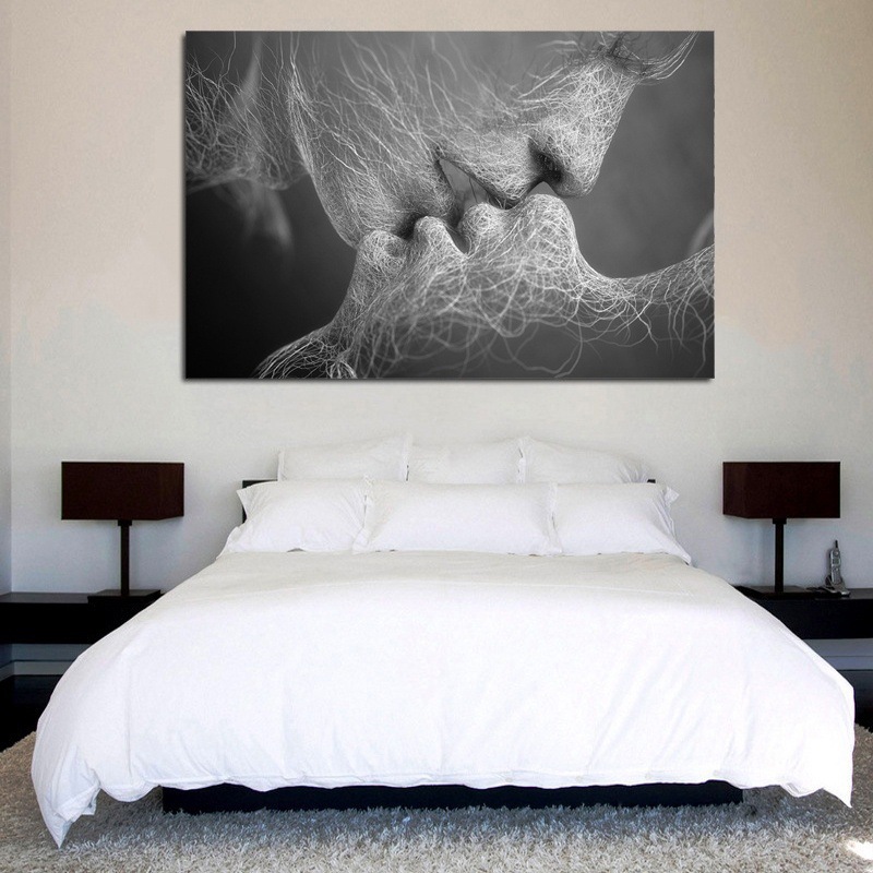 时尚黑白色爱情亲吻抽象艺术在画布绘画墙壁艺术图片版画家庭装饰