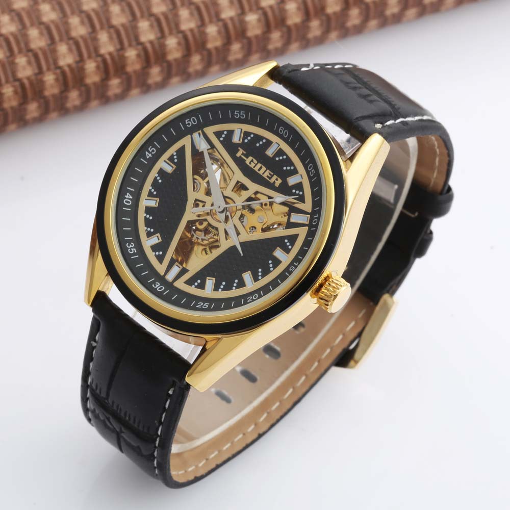 tgoer高尔男士手表简约风格全自动机械皮表带防水商务男腕表