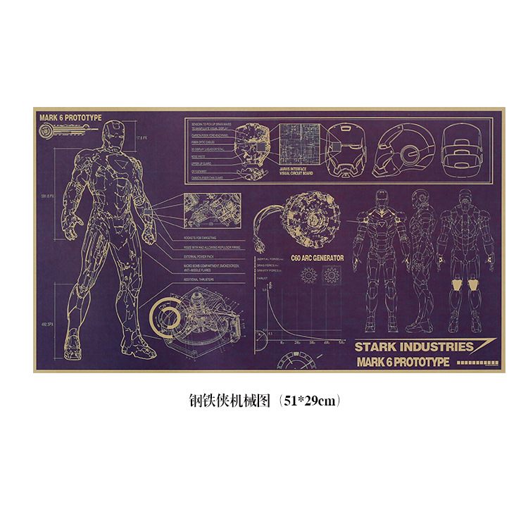 【d009】钢铁侠机械图 牛皮纸复古海报 家居酒吧咖啡厅 装饰画