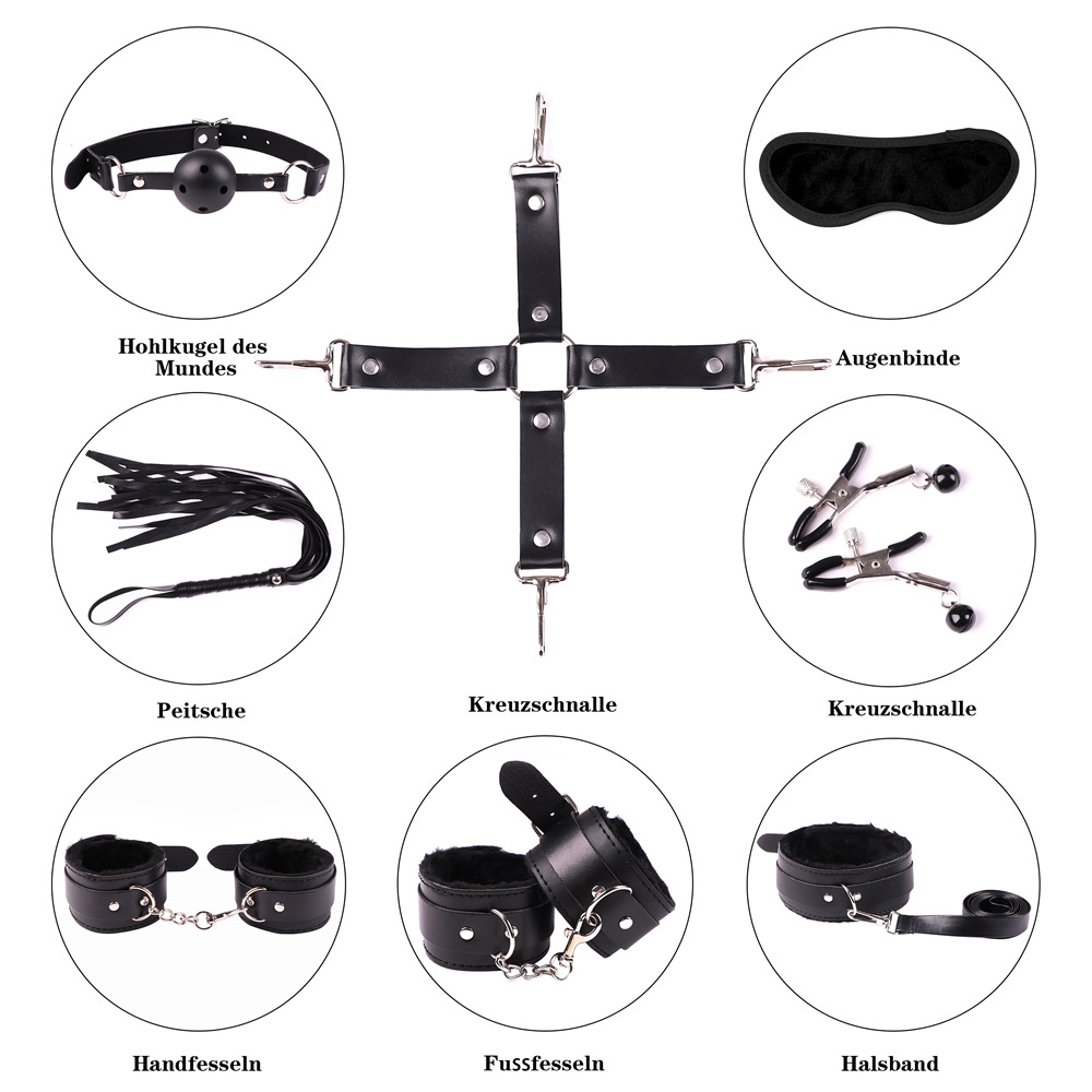 外贸8件套毛绒皮革情趣套装十字扣捆绑夫妻调情性用品