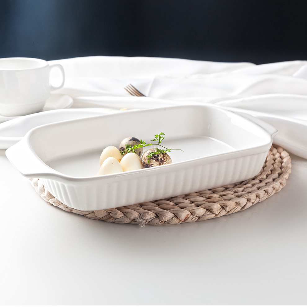 工厂现货创意餐具 酒店餐厅焗饭烤肉盘双耳长方形白色陶瓷烤盘