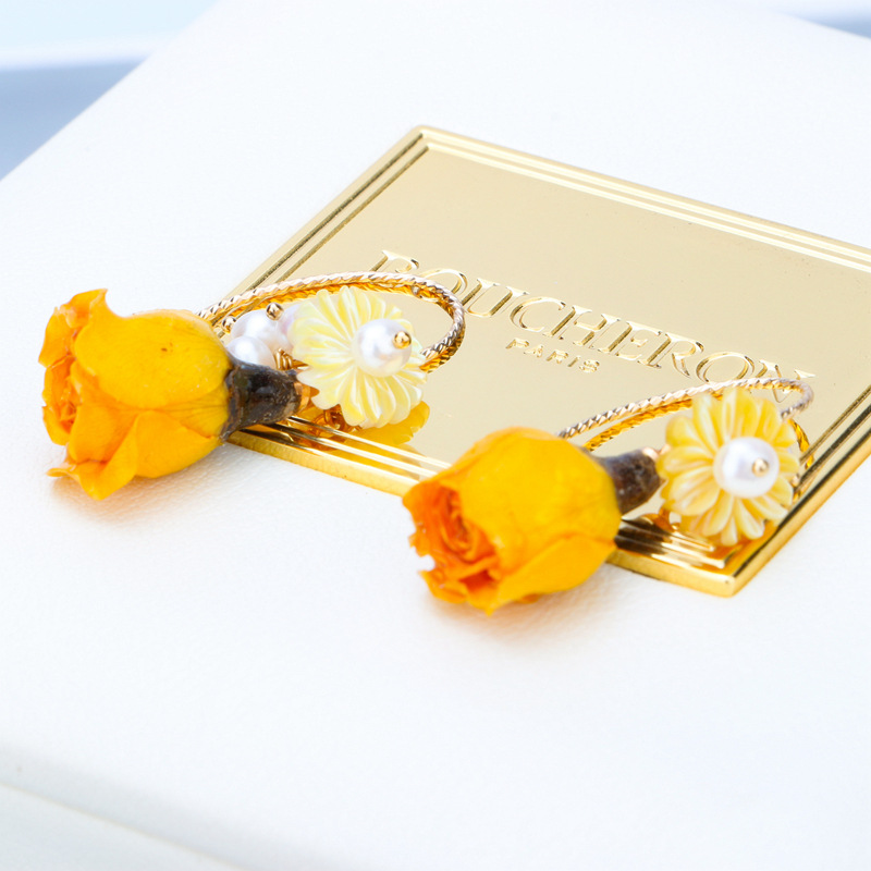 爆款进口14k包金批花耳钩耳饰 贝壳花黄玫瑰珍珠耳环气质女款
