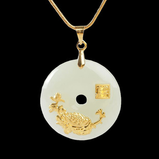 天然新疆和田玉金镶玉平安扣 花开富贵吊坠 玉石挂件玉器工艺品