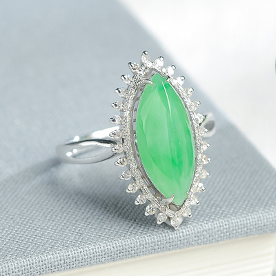 18k金镶嵌冰糯种菱形蛋面翡翠戒指 男女款13#金玉指环a货玉石配证