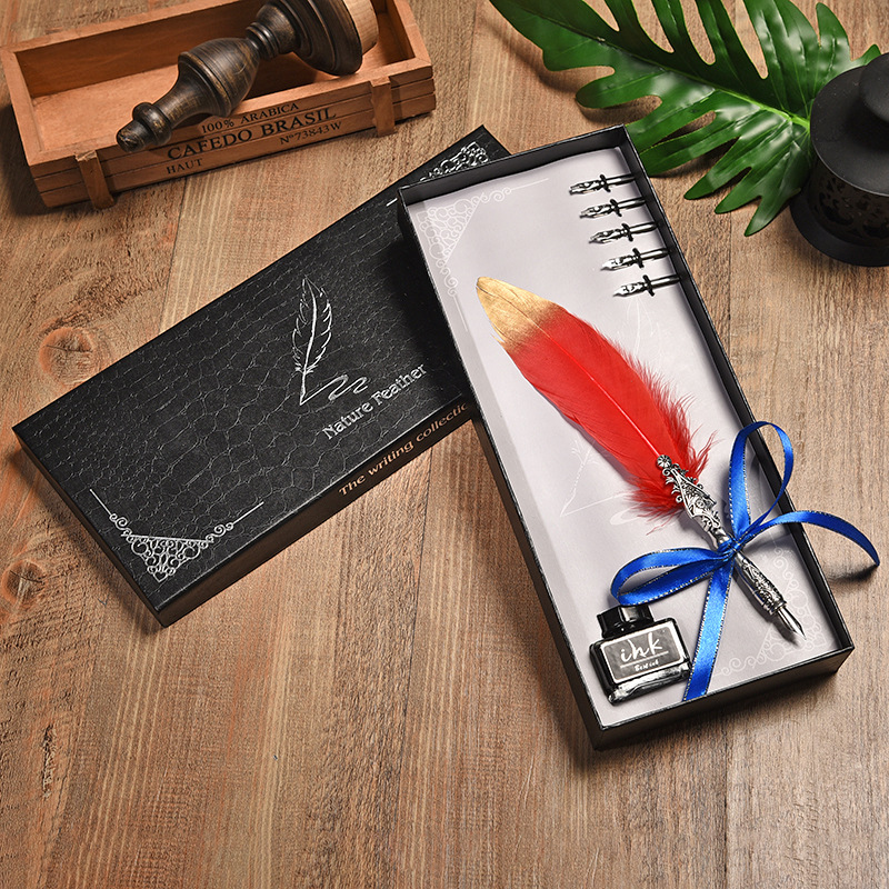 Creative European Retro Feather Pen Birthday Gift Business Signature Pen Stainless Steel Dipped in Water Pen Kit Wholesale